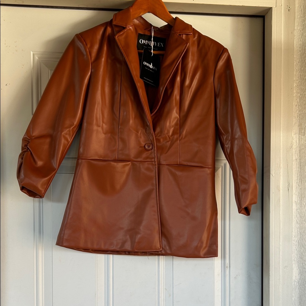 Brown Faux Leather Blazer Jacket